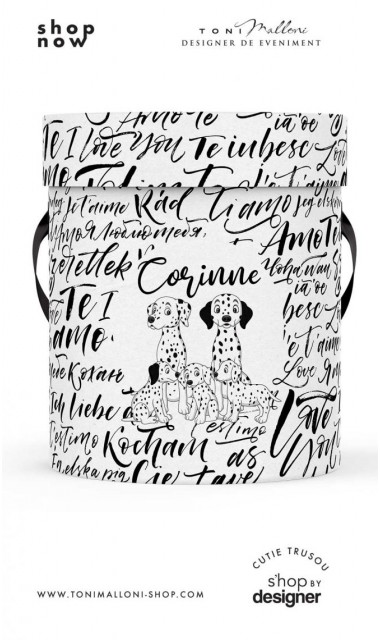 Cutie rotunda personalizata din mucava pentru trusou botez baieti 101 Dalmatieni 1